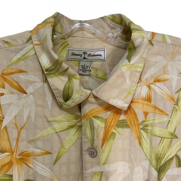 Tommy Bahama - Men's Vintage Hawaiian Floral Silk Short Sleeve Shirt, Size L Tan - Picture 5 of 16